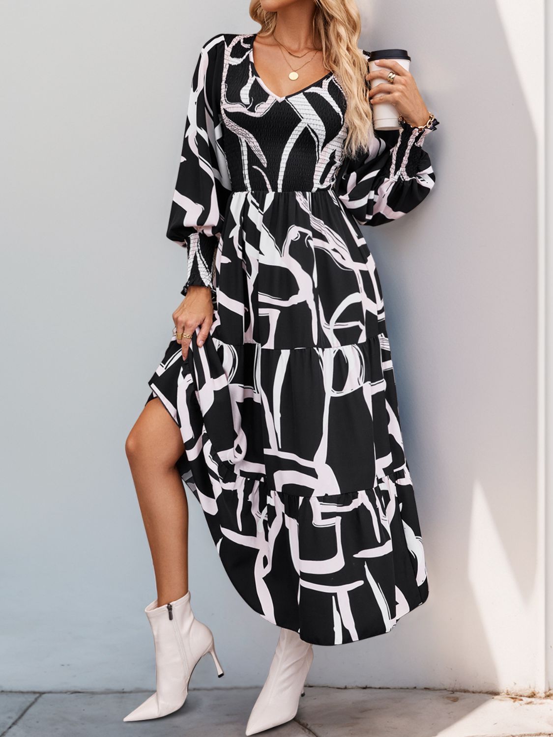 Perfee Smocked Printed Long Sleeve Midi Dress - Classique Collection