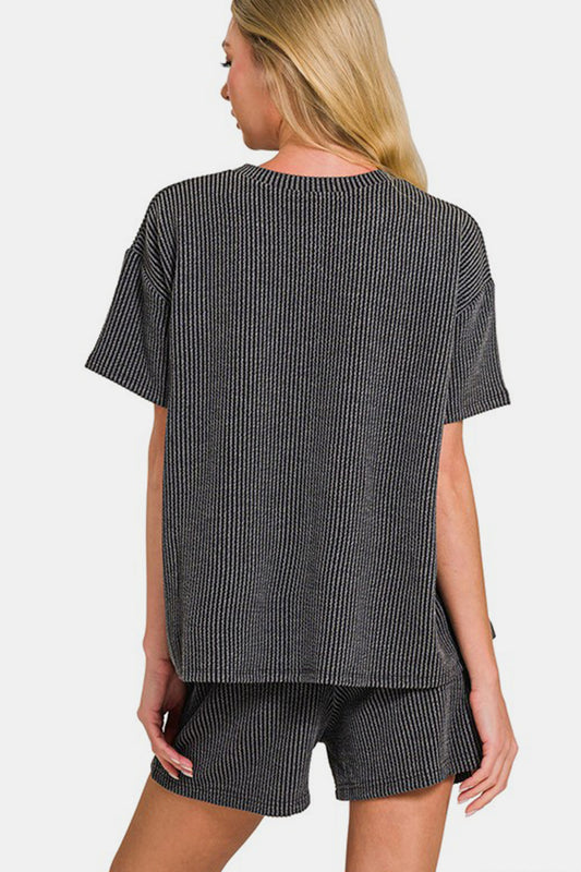 Zenana Rib Short Sleeve T-Shirt and Shorts Set - ClassiQ