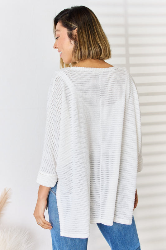 Zenana Full Size Waffle Knit V-Neck Long Sleeve Slit Top - Classique Collection