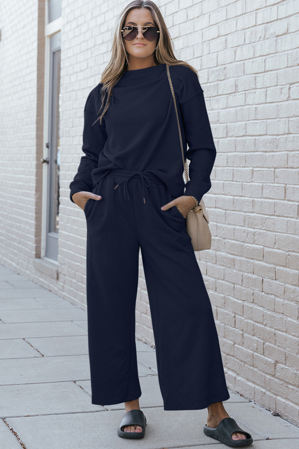 Double Take Full Size Textured Long Sleeve Top and Drawstring Pants Set - ClassiQ