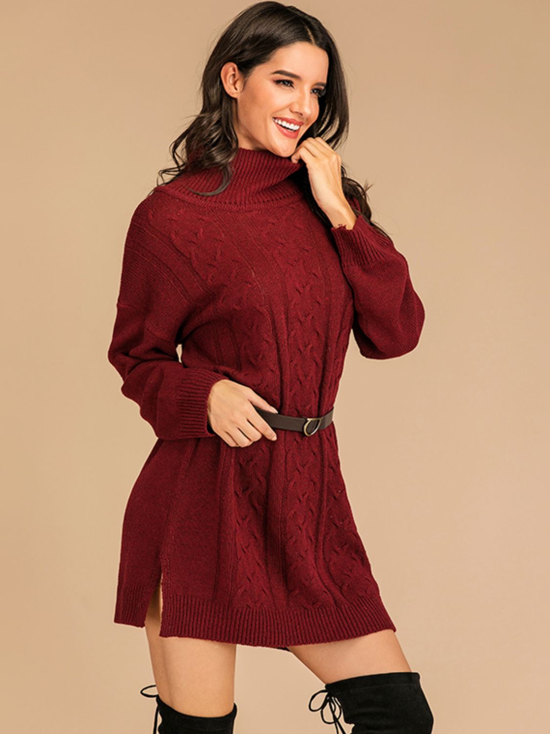 Perfee Slit Turtleneck Long Sleeve Mini Sweater Dress - Classique Collection
