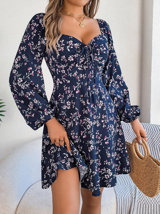 Printed Sweetheart Neck Balloon Sleeve Mini Dress - Classique Collection