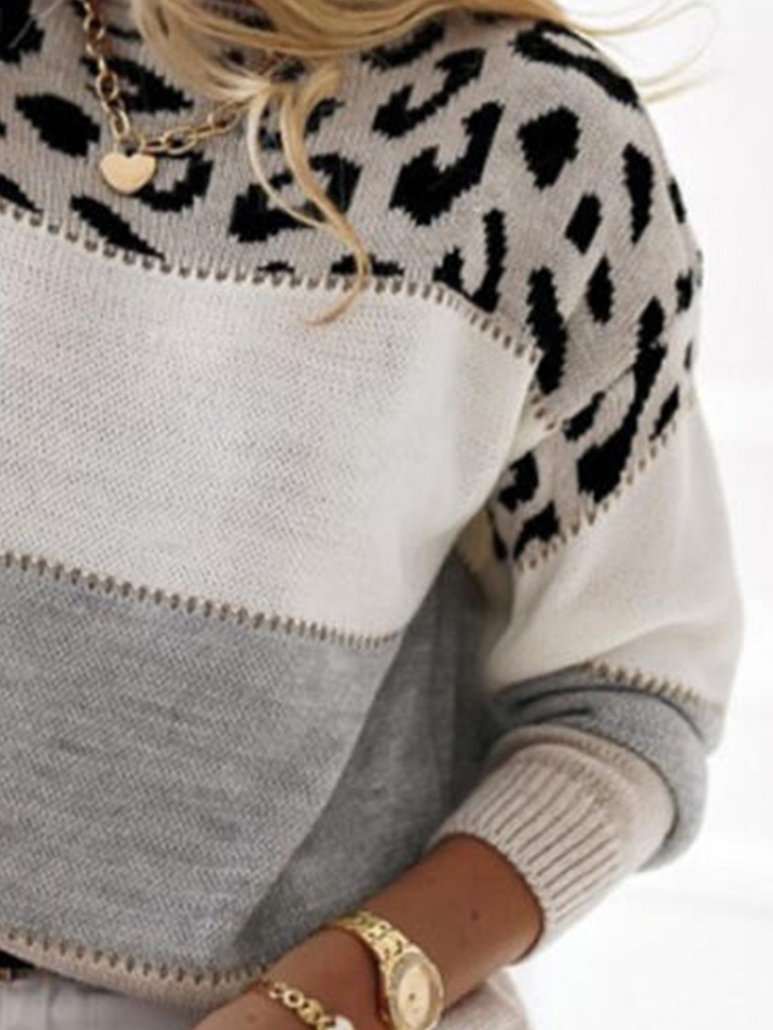 Leopard Color Block Round Neck Long Sleeve Sweater - ClassiQ