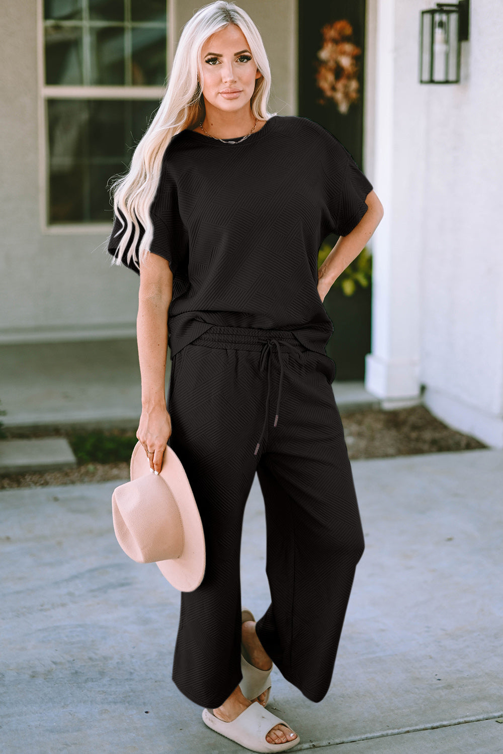 Double Take Full Size Texture Short Sleeve Top and Pants Set - ClassiQ