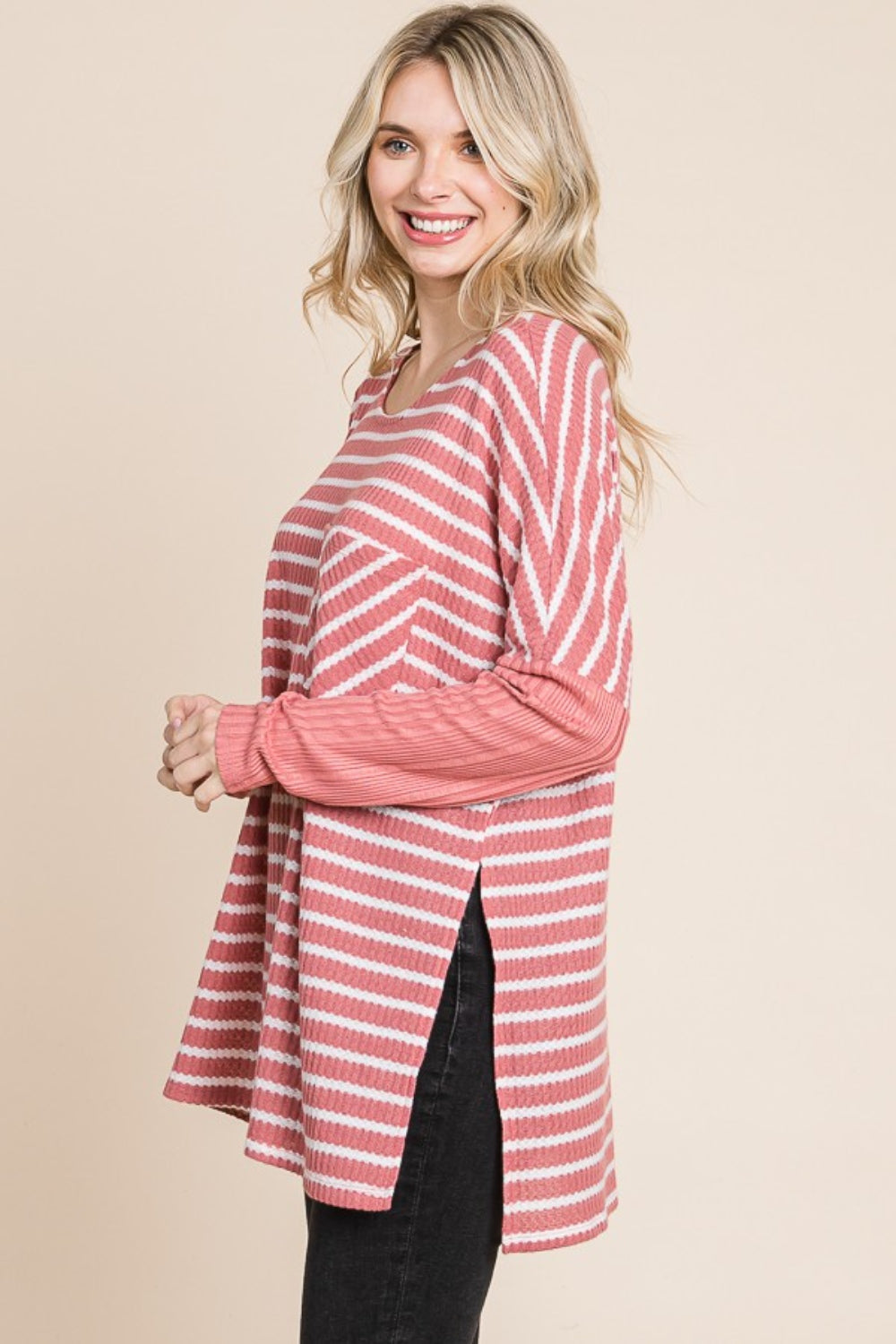 Culture Code Oversize Striped Round Neck Long Sleeve Slit T-Shirt - Classique Collection