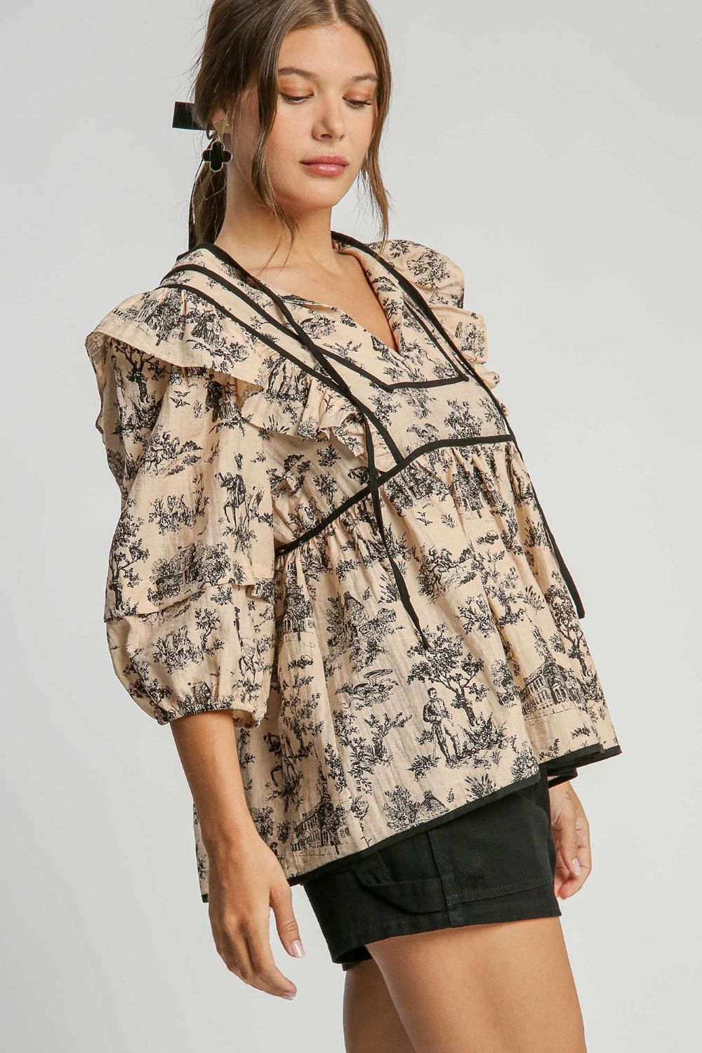 Umgee Ruffled Tie Neck Puff Sleeve Babydoll Blouse - Classique Collection