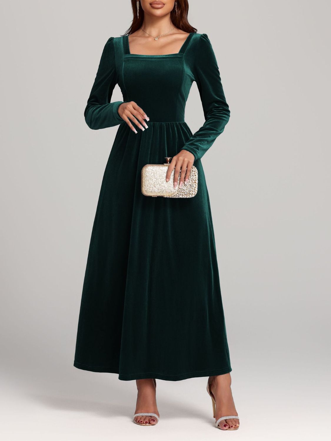 Velvet Square Neck Long Sleeve Dress - Classique Collection