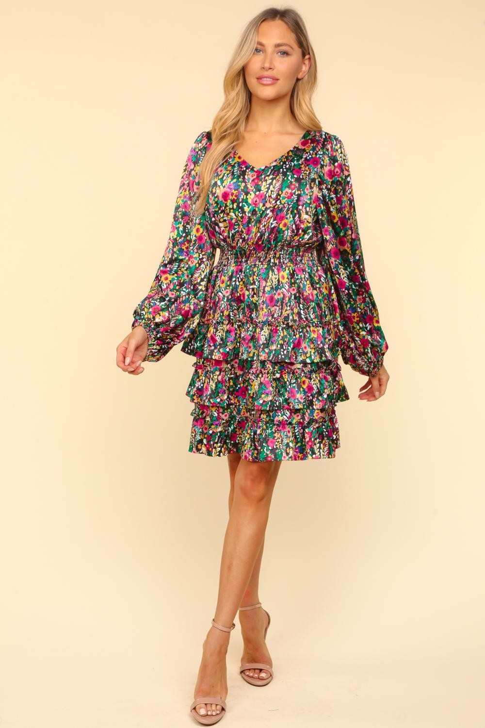 Haptics V-Neck Satin Floral Layered Dress - Classique Collection