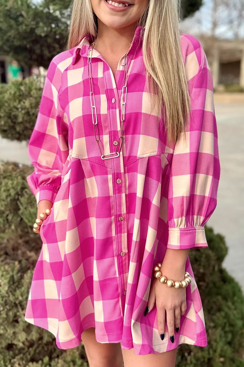 Ruched Plaid Three-Quarter Sleeve Shirt Dress - Classique Collection