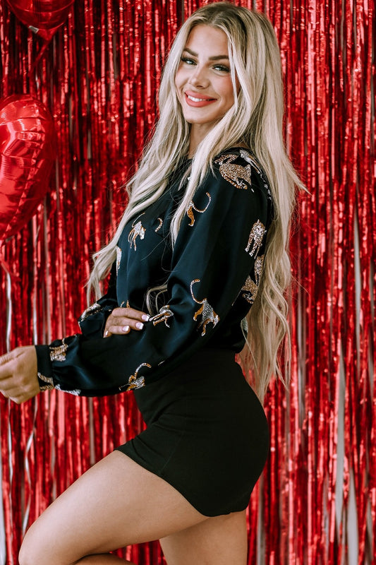 Animal Pattern Round Neck Long Sleeve Blouse - Classique Collection