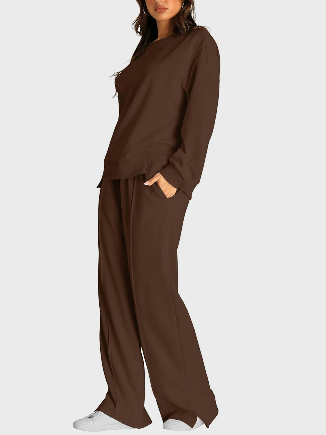 Round Neck Long Sleeve Top and Slit Pants Set - ClassiQ