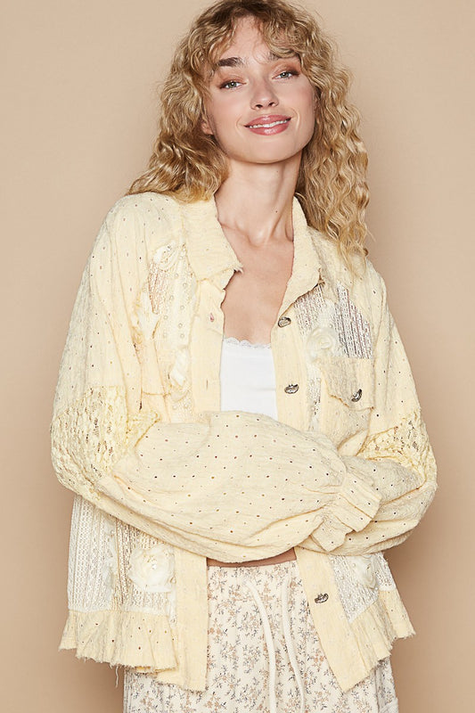 POL Eyelet Flower Pearl Detail Lace Patchwork Shirt - Classique Collection