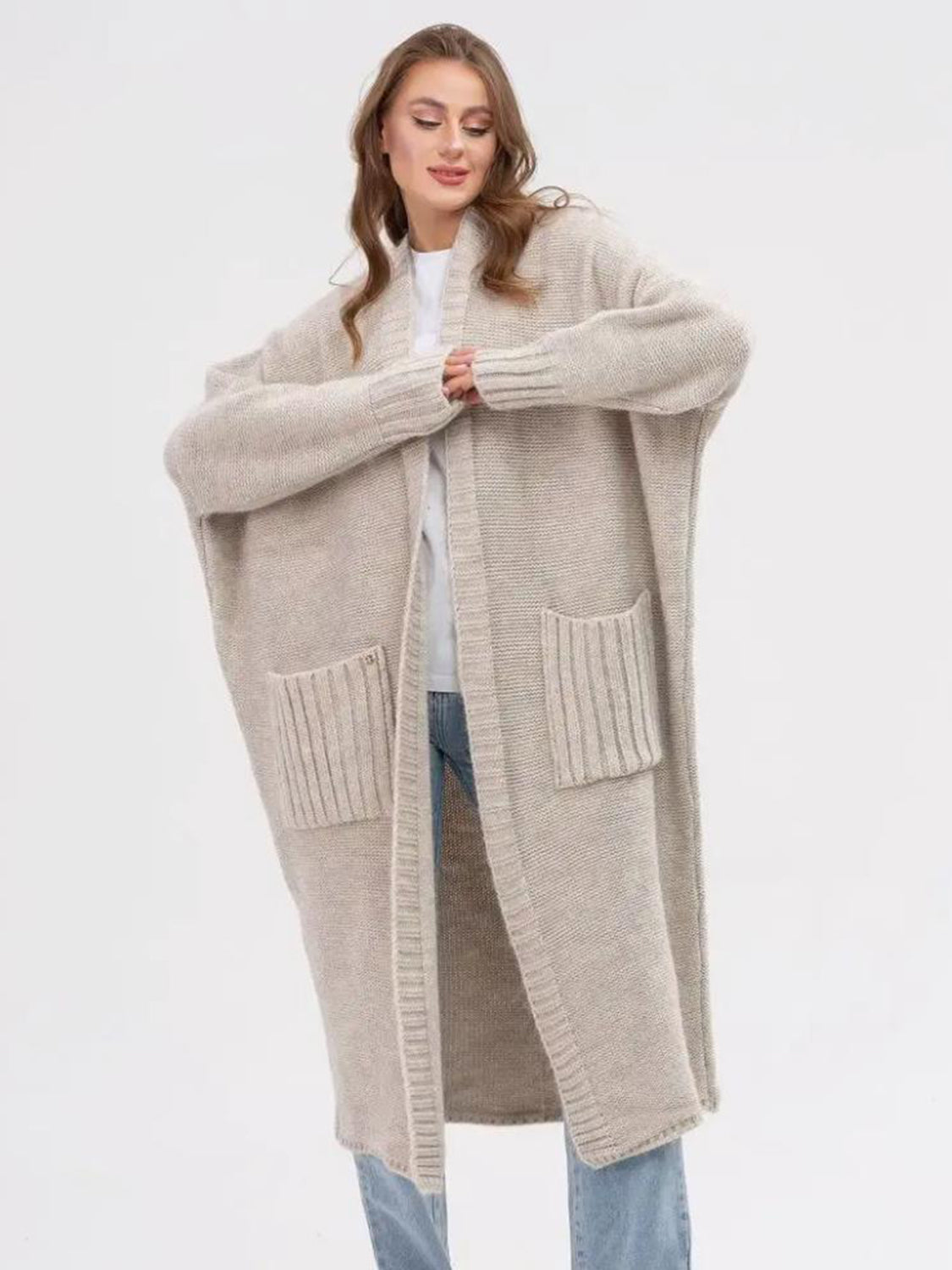 Pocketed Open Front Long Sleeve Longline Cardigan - ClassiQ