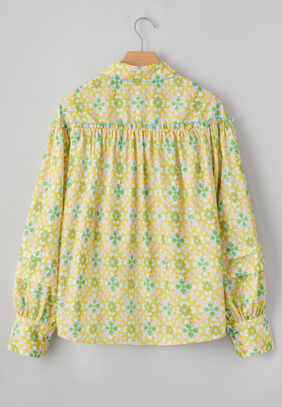 Frill Printed Collared Neck Long Sleeve Blouse - Classique Collection