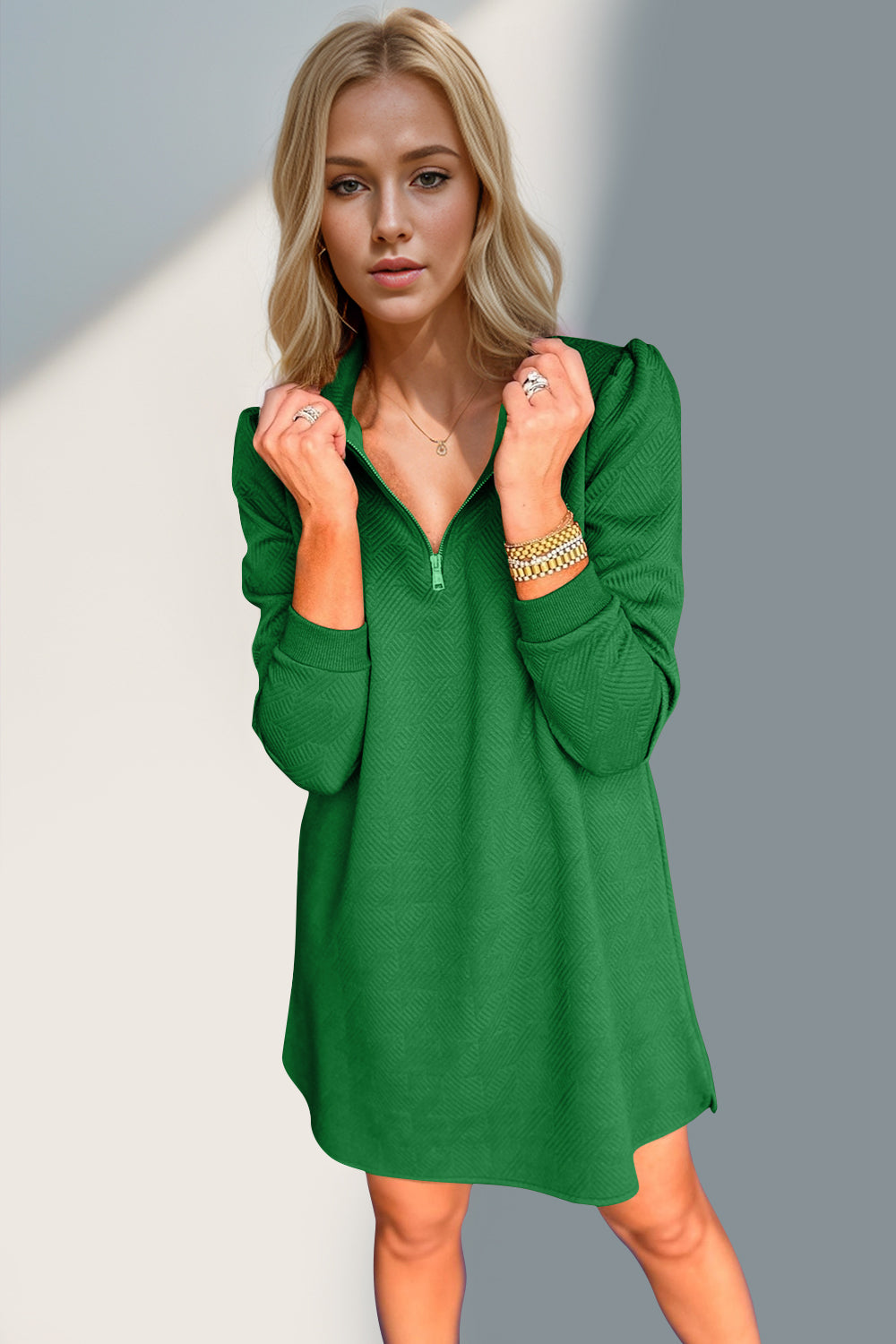 Double Take Textured Quarter Zip Long Sleeve Dress - Classique Collection
