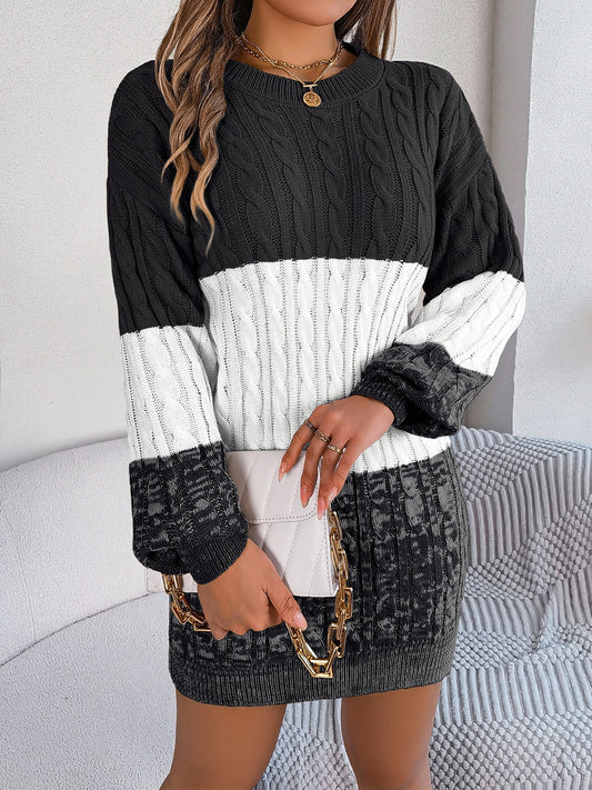 Cable-Knit Round Neck Color Block Sweater Dress - Classique Collection