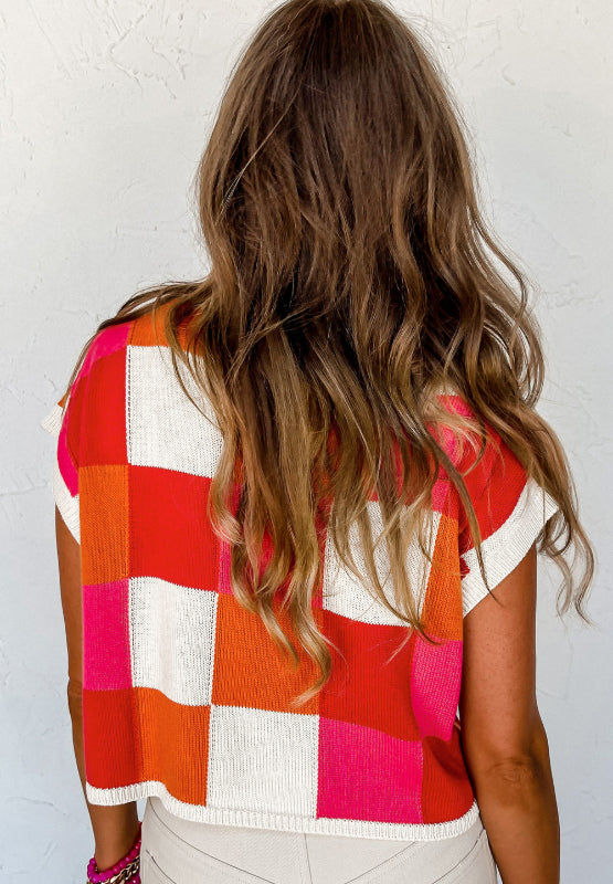 Contrast Plaid Round Neck Cap Sleeve Sweater - ClassiQ