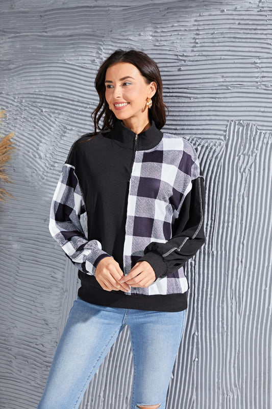 Plaid Exposed Seam Long Sleeve Blouse - Classique Collection