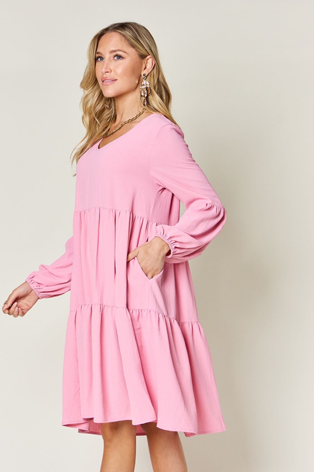 Double Take Full Size V-Neck Balloon Sleeve Tiered Dress with Pockets - Classique Collection