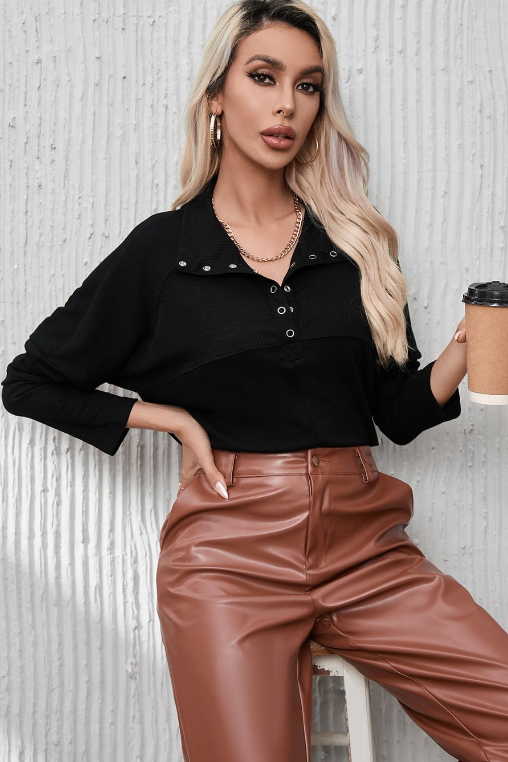 Ribbed Knit Henry Collar Loose Fitting Long Sleeve Top - Classique Collection