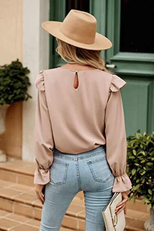 Ruffled Round Neck Long Sleeve Top - Classique Collection