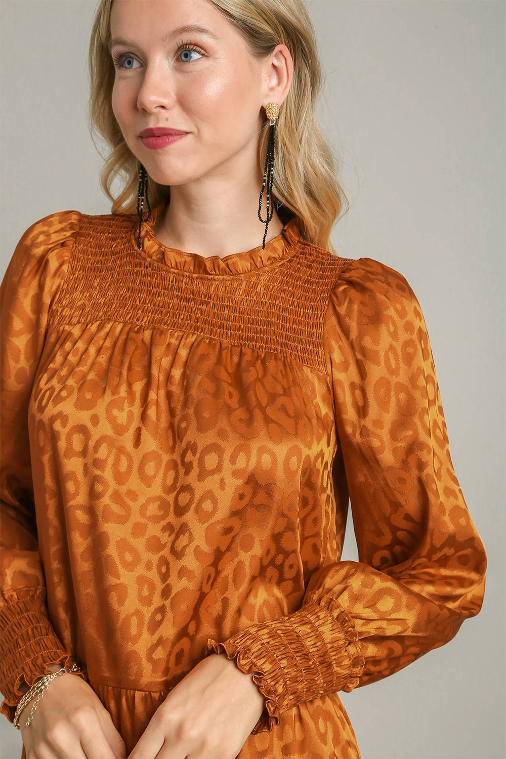 Umgee Smocked Leopard Long Sleeve Tiered Dress - Classique Collection