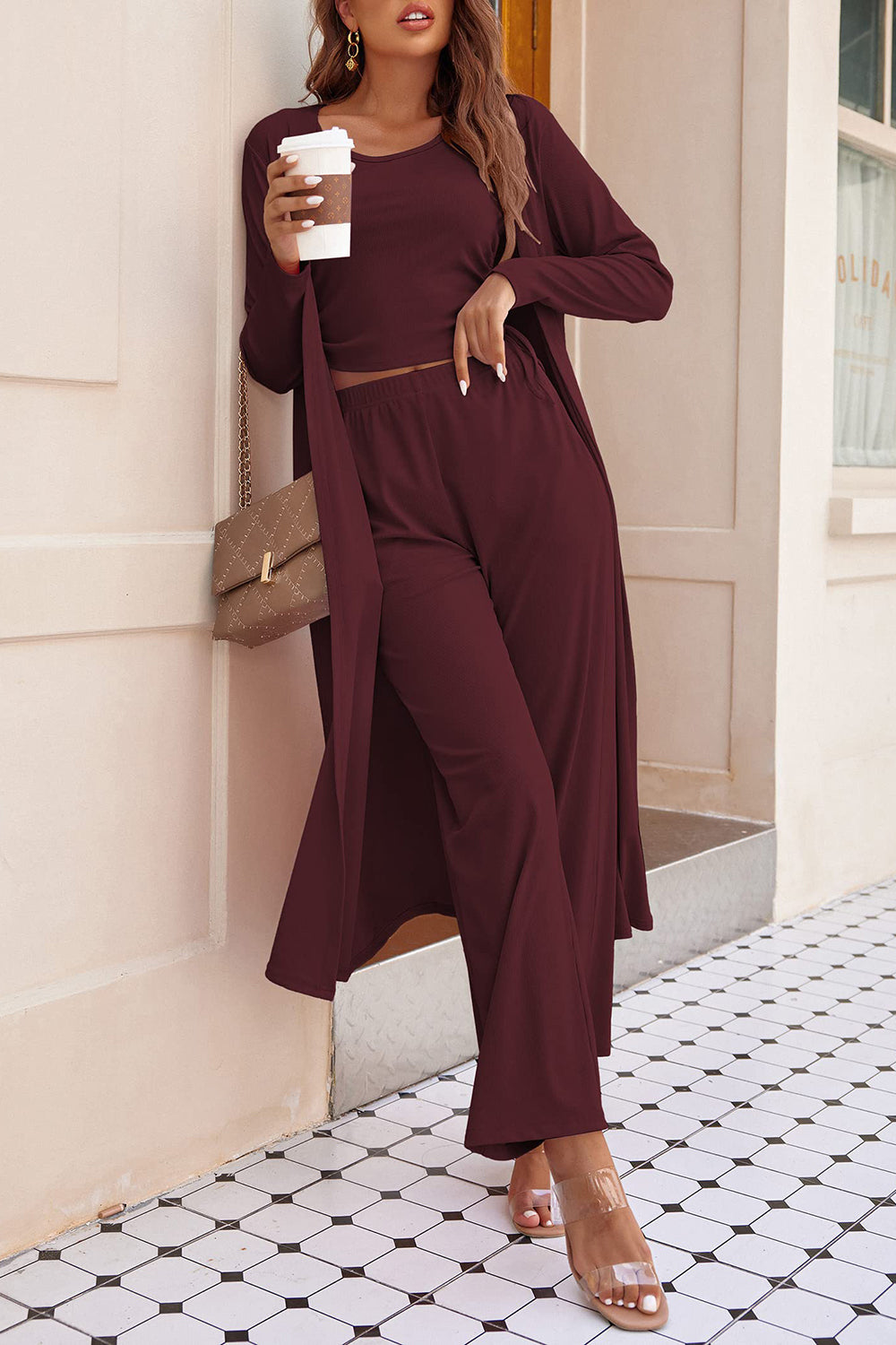 Drawstring Tank, Long Sleeve Cover Up and Pants Set - ClassiQ