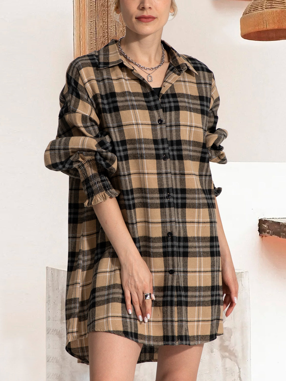 FAM-FAM Button Up Plaid Long Sleeve Shirt Dress - Classique Collection