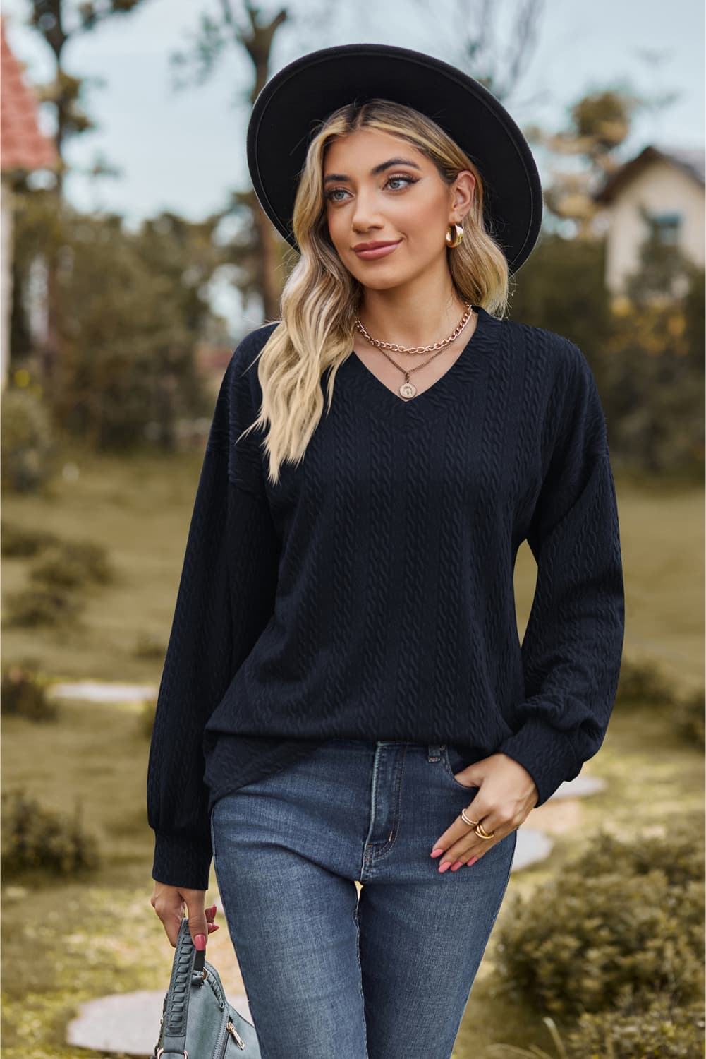 V-Neck Dropped Shoulder Blouse - Classique Collection