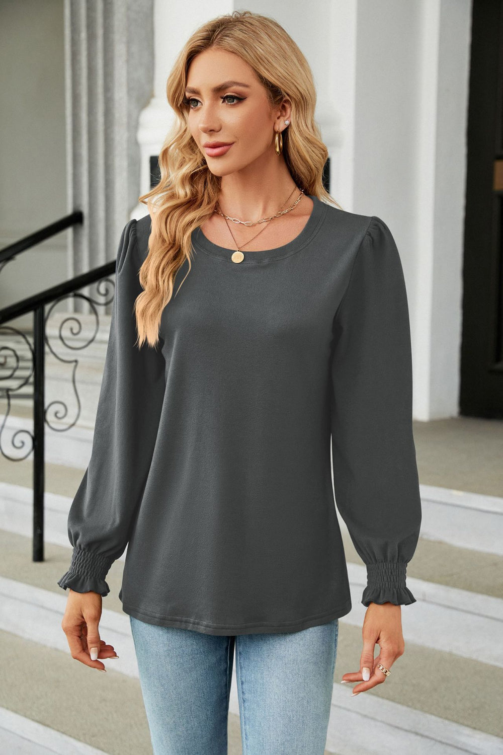 Round Neck Smocked Flounce Sleeve Blouse - Classique Collection