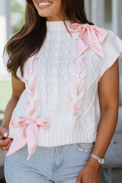 Cable - Knit Tied Mock Neck Cap Sleeve Sweater