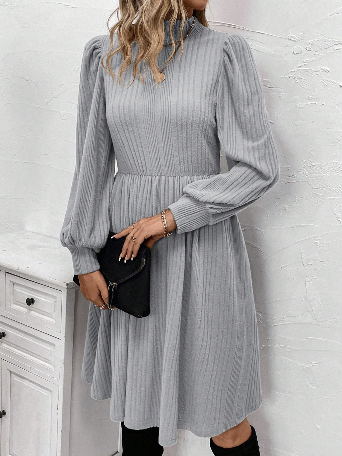 Textured Turtleneck Long Sleeve Dress - Classique Collection