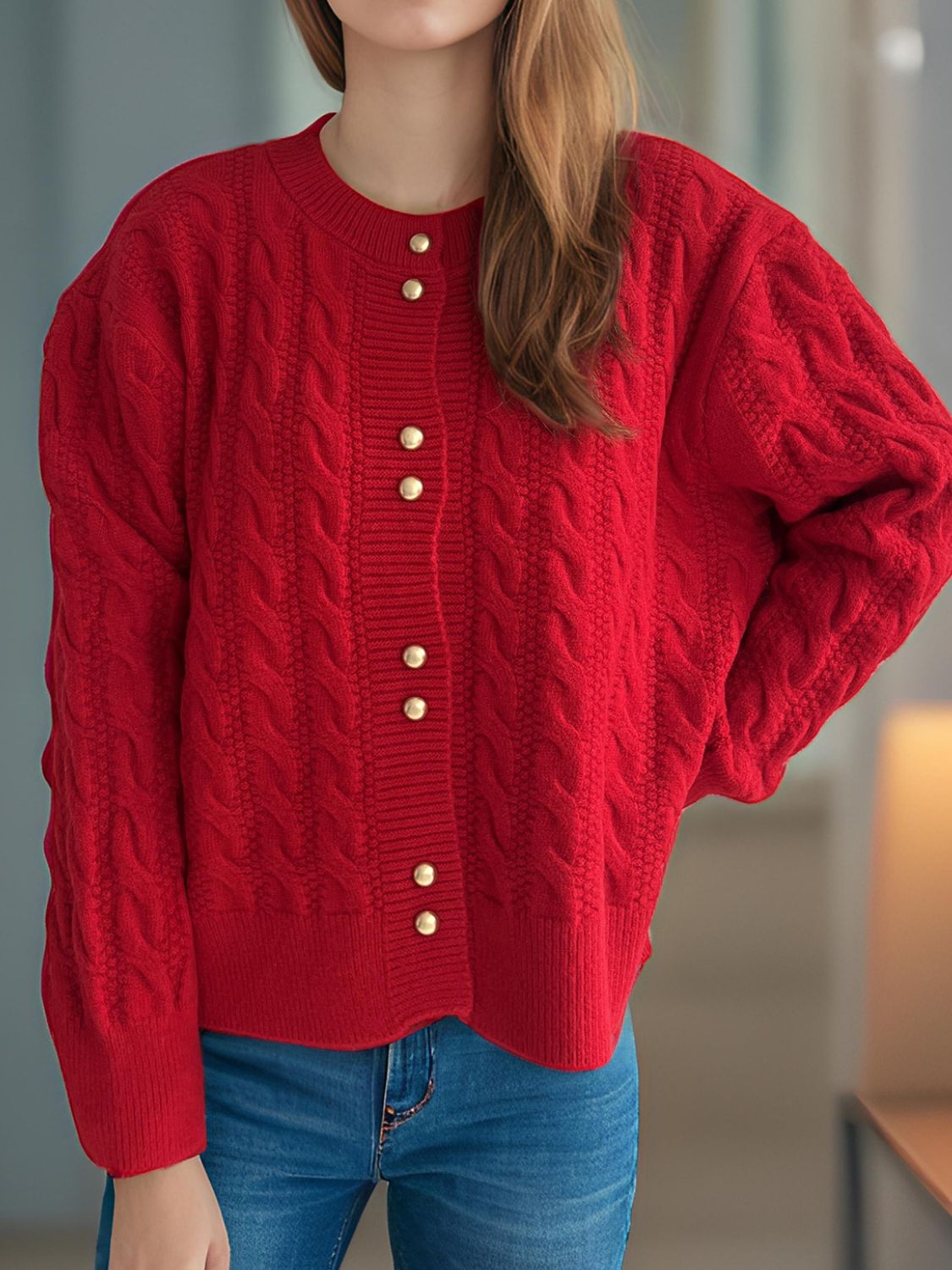 Cable-Knit Round Neck Long Sleeve Cardigan - ClassiQ