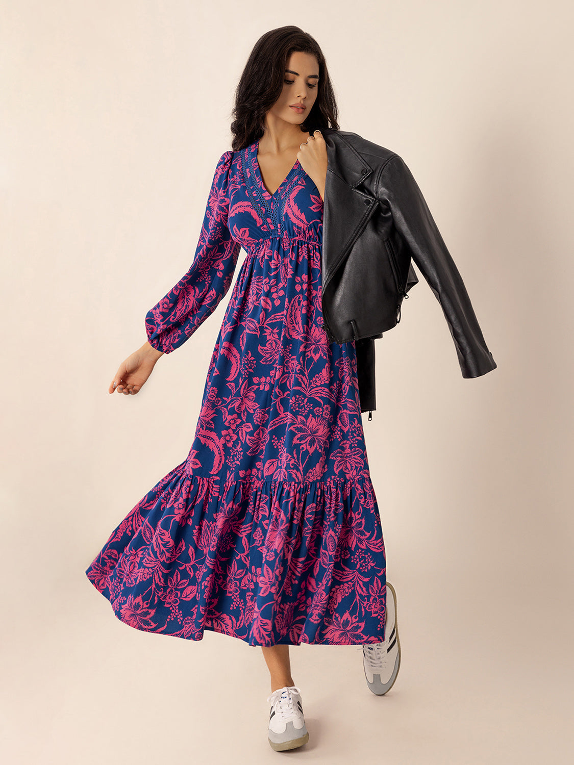 Printed V-Neck Long Sleeve Midi Dress - Classique Collection