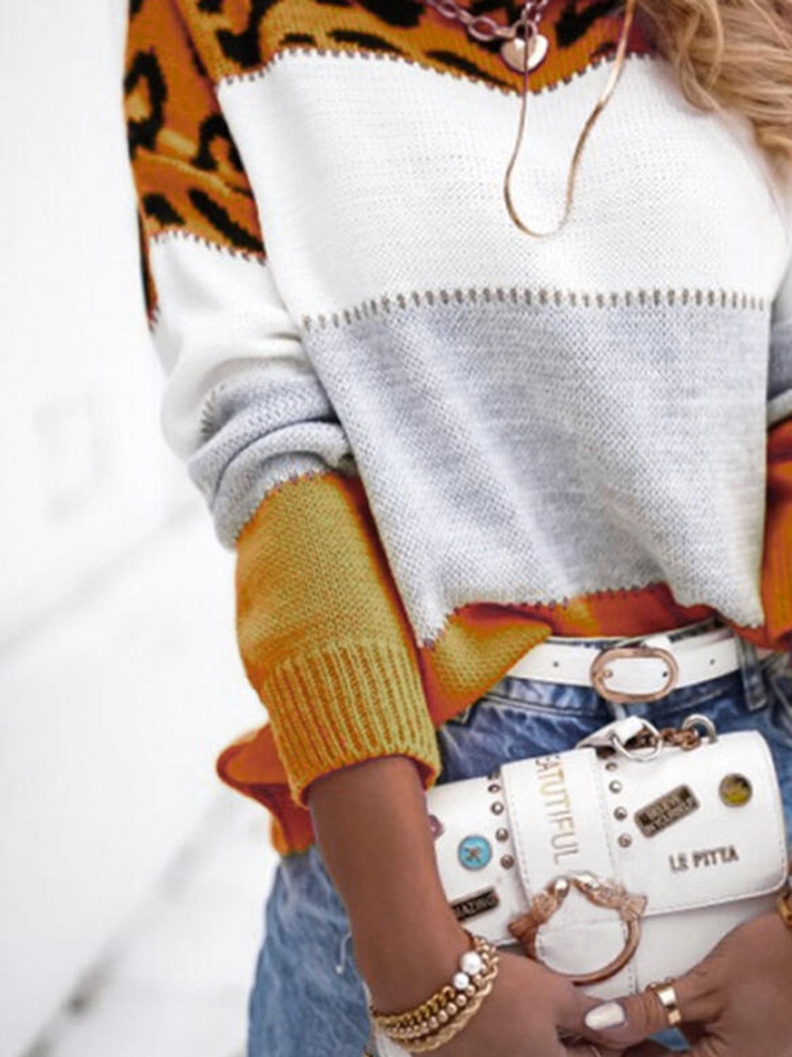 Leopard Color Block Round Neck Long Sleeve Sweater - ClassiQ