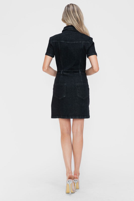 bytos Full Size Embellished Button Down Short Sleeve Denim Dress - Classique Collection