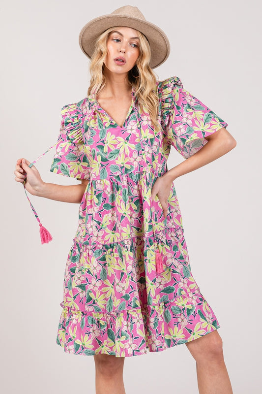SAGE + FIG Floral Ruffle Short Sleeve Dress - Classique Collection