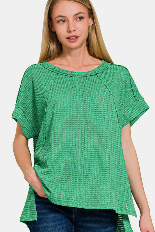 Zenana Waffle Exposed-Seam Short Sleeve T-Shirt - Classique Collection