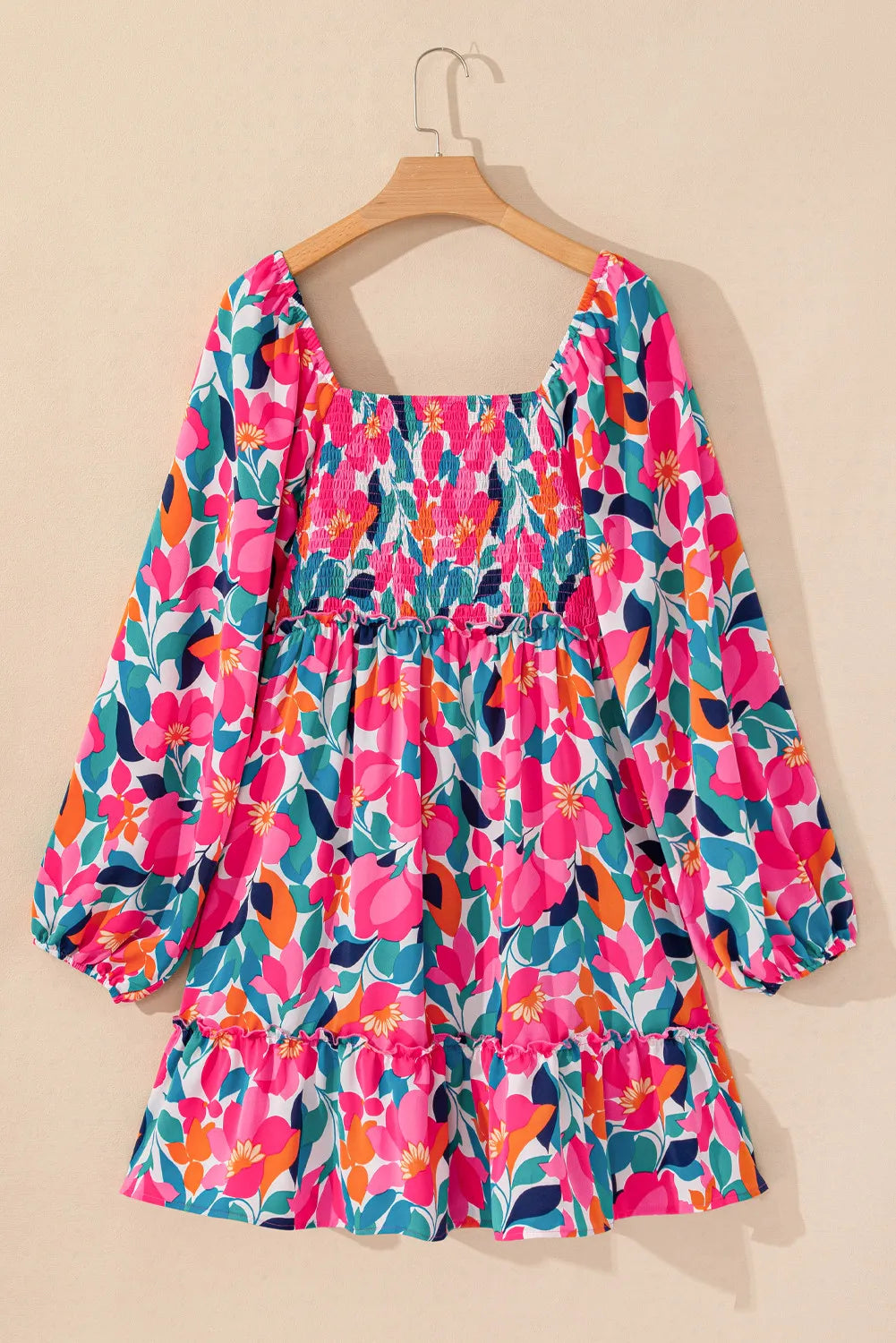 Plus Size Smocked Floral Square Neck Balloon Sleeve Dress - Classique Collection
