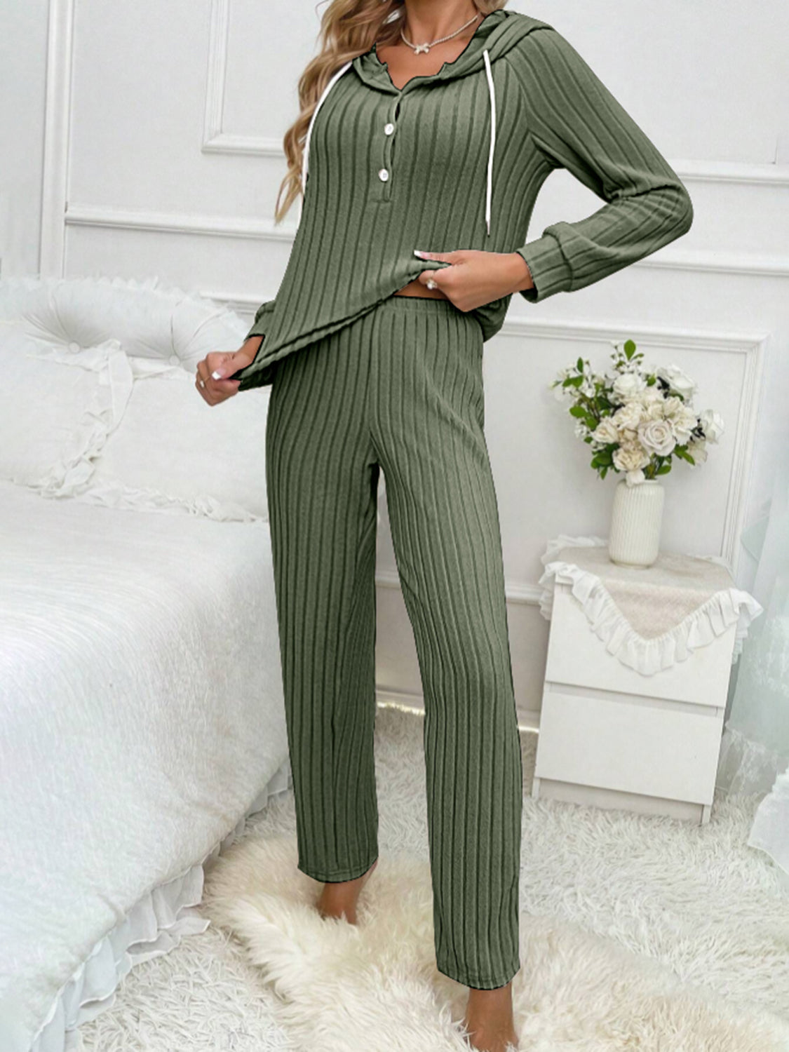 Drawstring Half Button Hooded Top and Ribbed Pants Set - ClassiQ