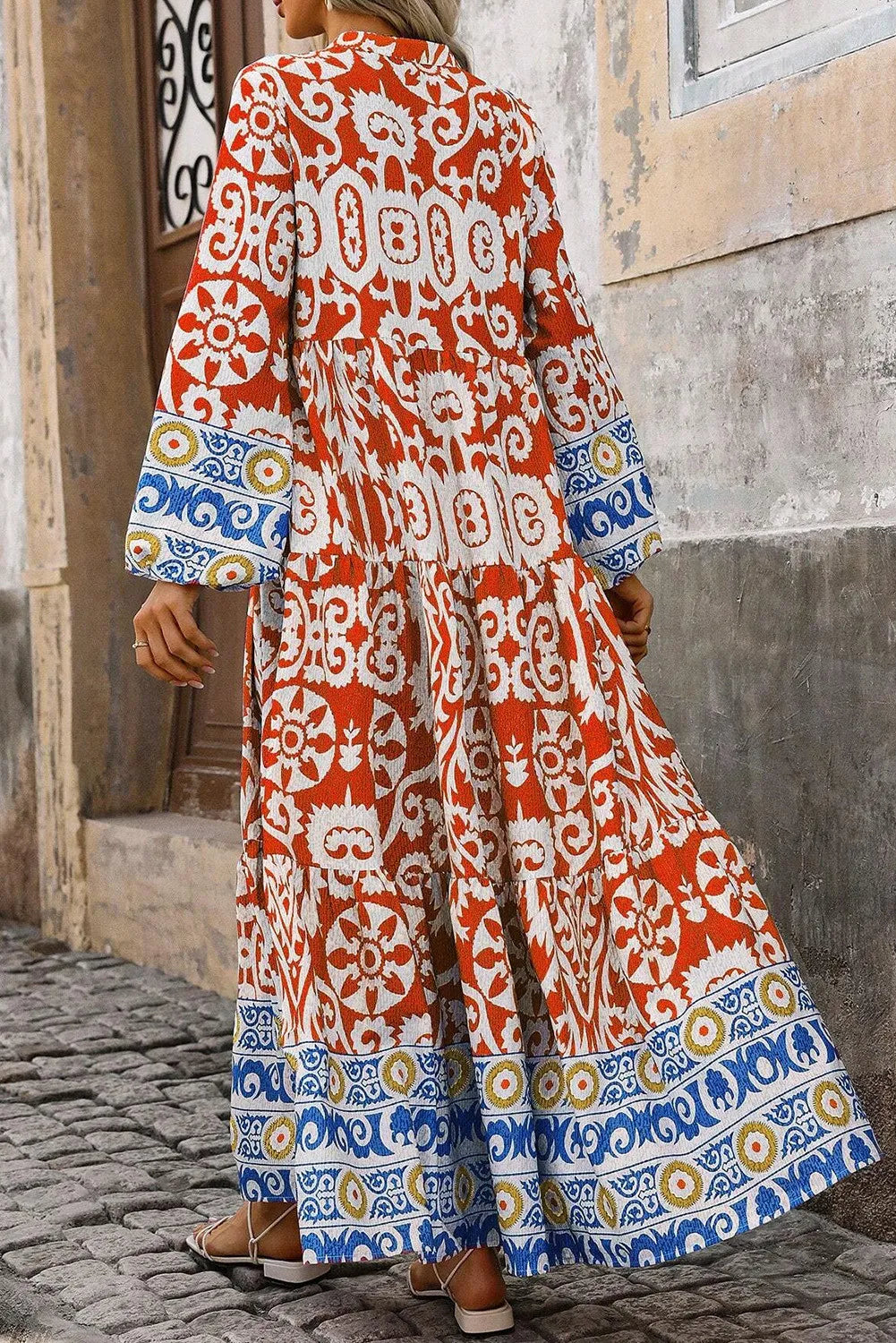 Printed Notched Long Sleeve Maxi Dress - Classique Collection