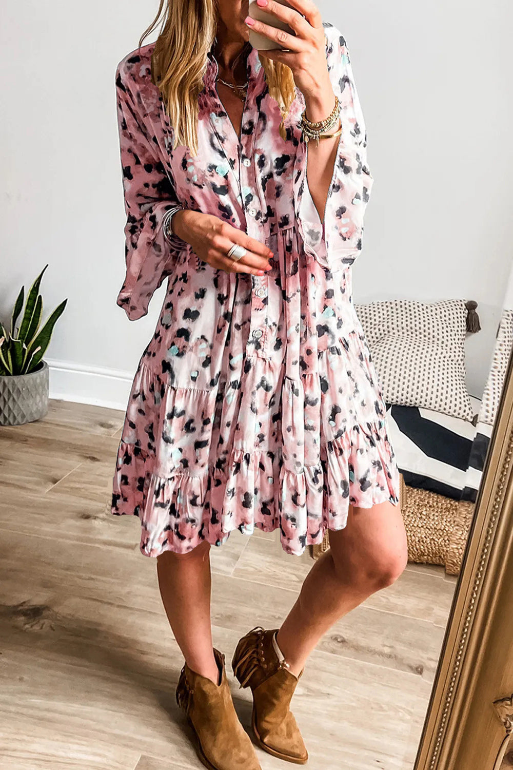 Leopard Notched Long Sleeve Tiered Dress - Classique Collection