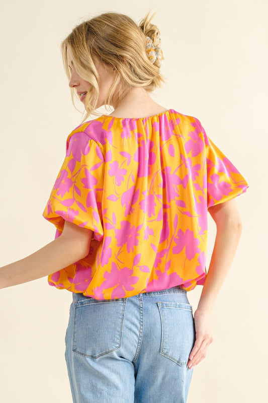 And The Why Full Size Printed Satin Bubble Hem Top - Classique Collection