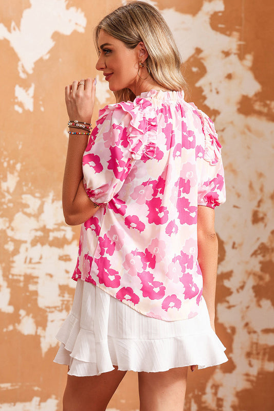 Floral Tie Neck Ruffle Shoulder Blouse - ClassiQ