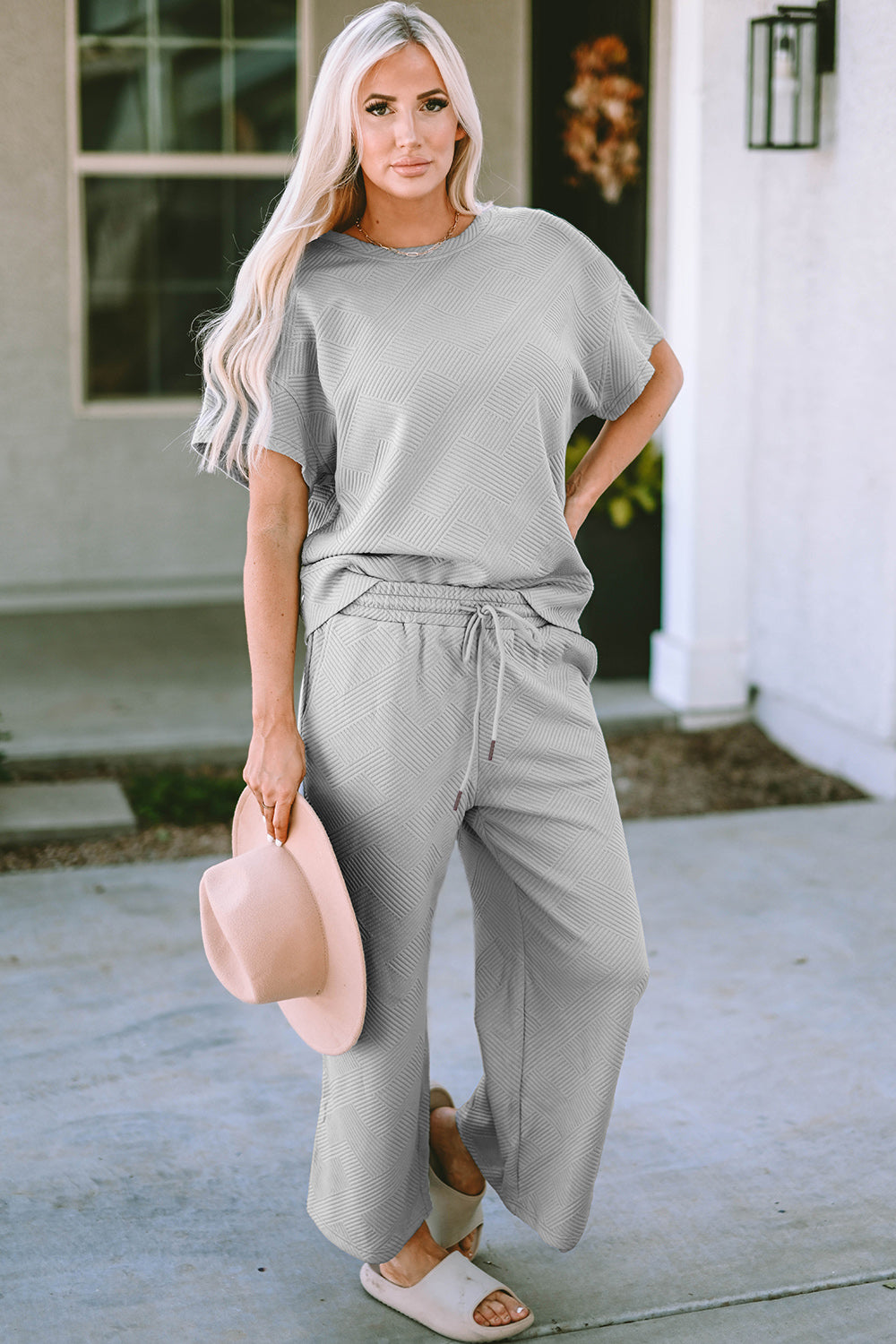 Double Take Full Size Texture Short Sleeve Top and Pants Set - ClassiQ