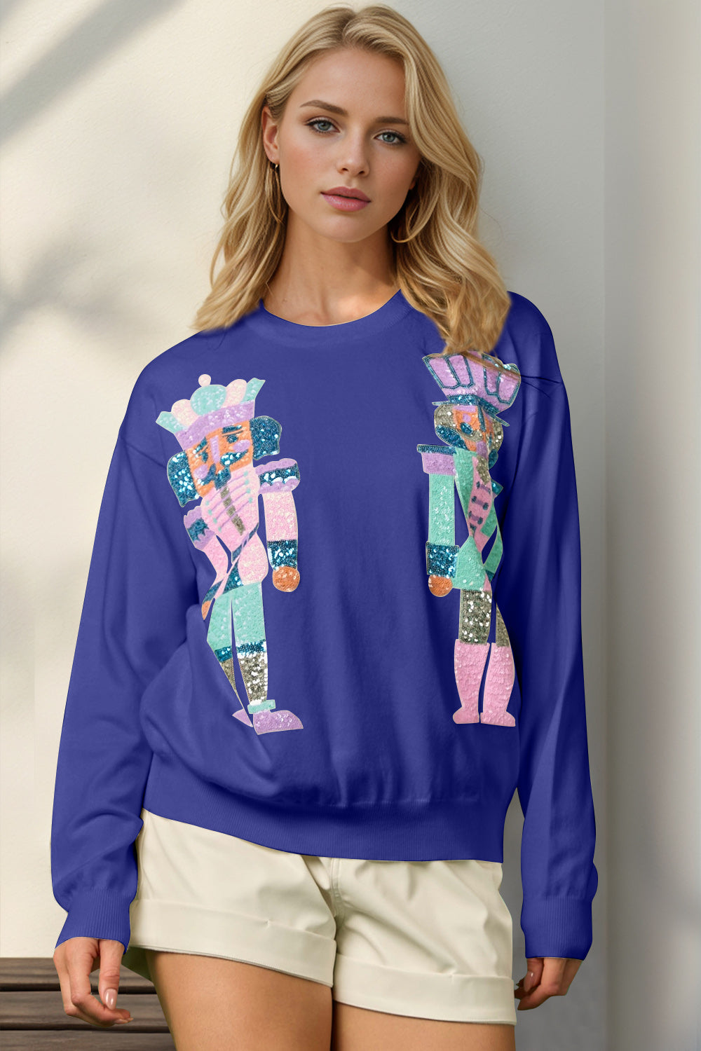 Double Take Full Size Sequin Nutcracker Long Sleeve Sweater - ClassiQ