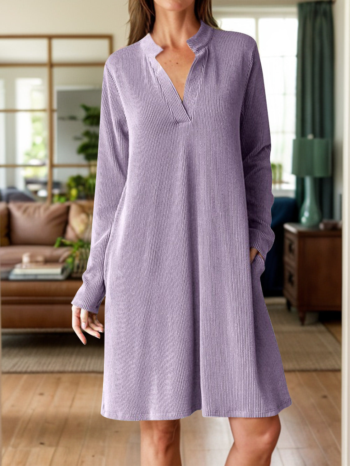 Notched Long Sleeve Mini Dress with Pockets - Classique Collection