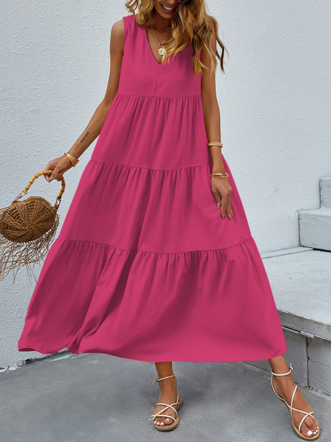 FAM-FAM Tiered V-Neck Sleeveless Dress - Classique Collection