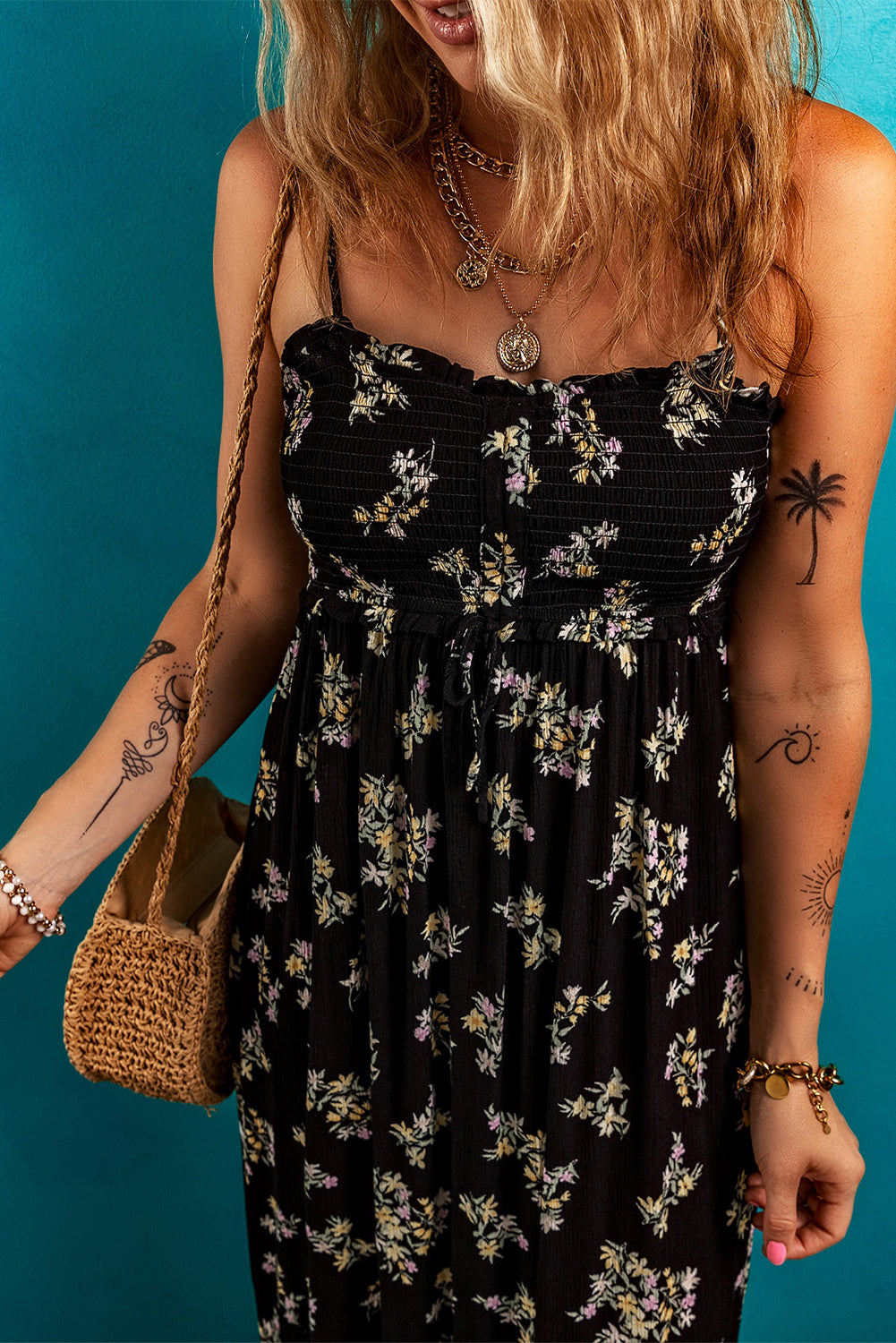 Black Floral Spaghetti Strap Shirred Bodice Tied Empire Waist Maxi Dress ClassiQ