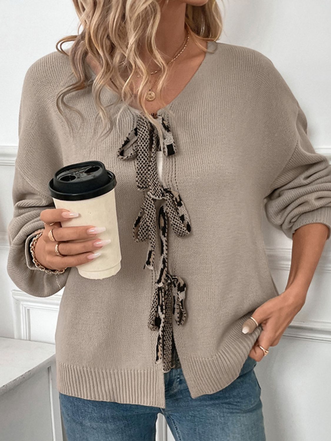 Perfee Tied Contrast Heart V-Neck Long Sleeve Cardigan - ClassiQ